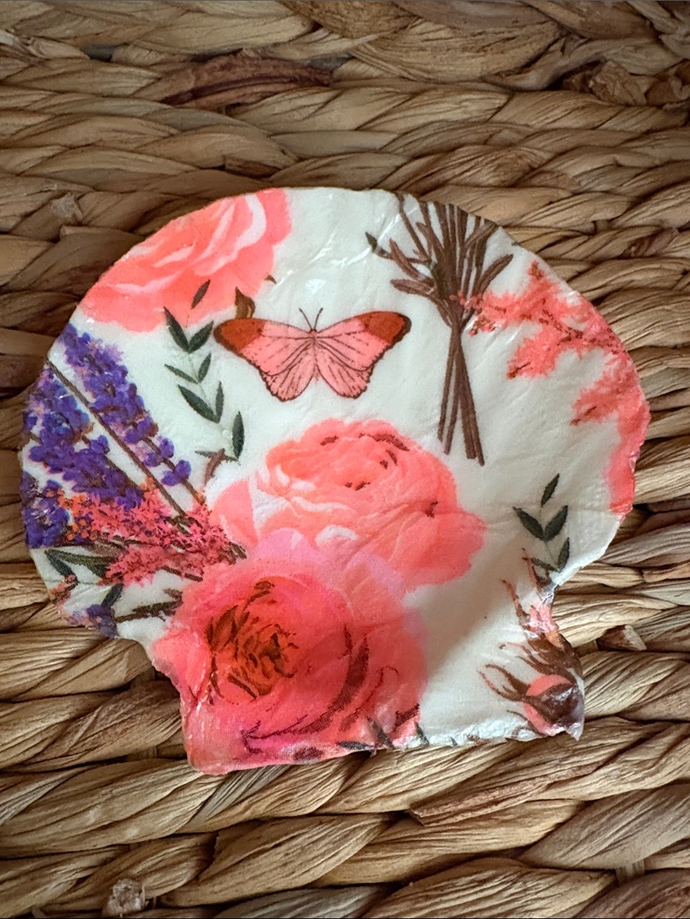 Hand Crafted Floral Shell Trinket Dish in Coral, Pink, Purple
